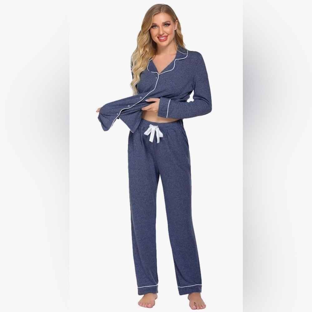 Ekouaer 2XL NWT Blue Button Down Pajama Set Long Sleeve - Picture 15 of 16